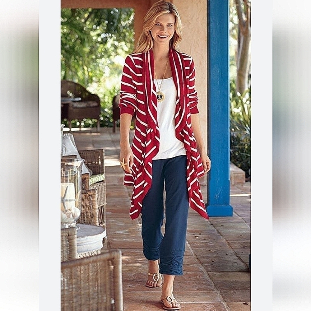 Soft Surroundings-Red Stripe Open Front Knit Cardigan Sweater-Size PP